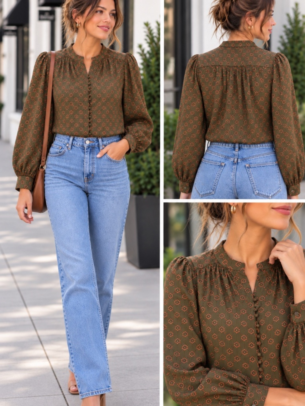Women's AVARA Olive Green 100% Cotton V-Neck Block Print Blouse XS NWT